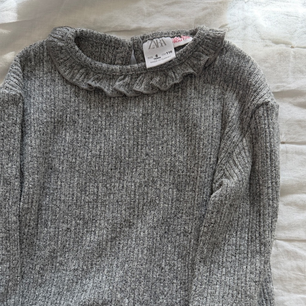 Zara Gray Ribbed Sweater with Ruffle Neck - Picture 3 of 4